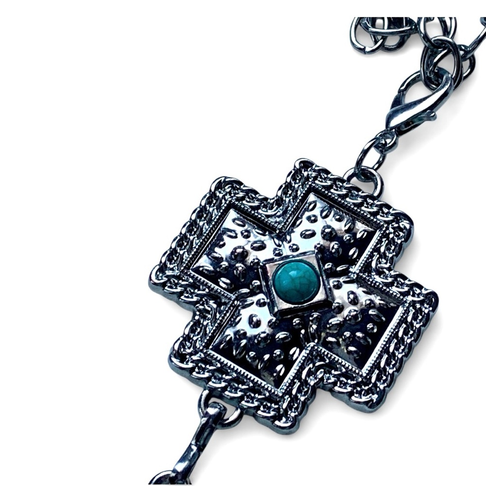 Western Style Cross Shaped Concho Faux Turquoise Adjustable Woman’s Chain Belt - Picture 2 of 6